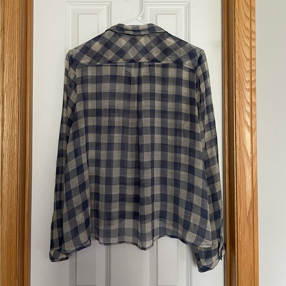 Free People Sheer Gauzy Blue Cream Plaid Print Button Front Shirt Size Medium - Picture 6 of 6